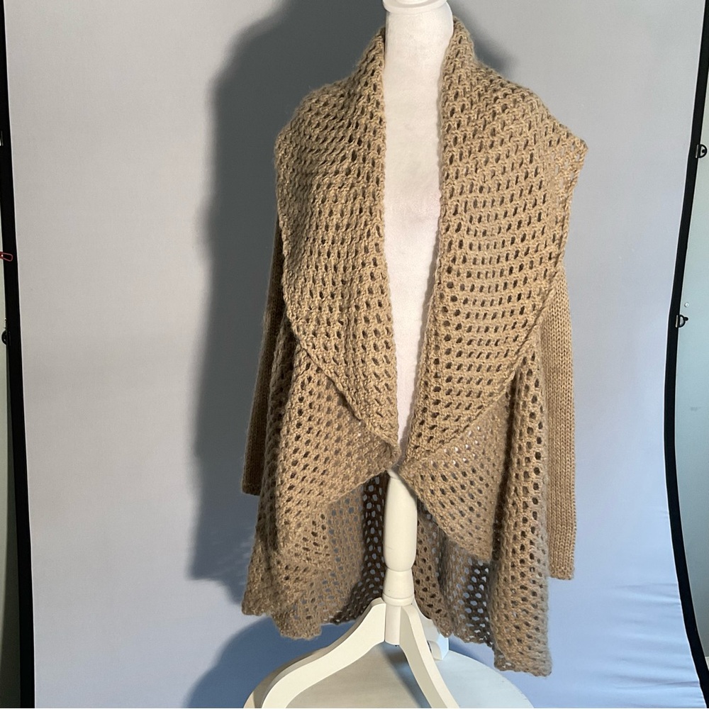 Anthropologie Elsamanda 2X Open Knit Hi/Lo Taupe Cardigan with Shawl Collar - Picture 11 of 16